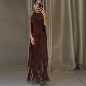 🤎 STUNNING Chocolate Brown Fringe Halter Gown